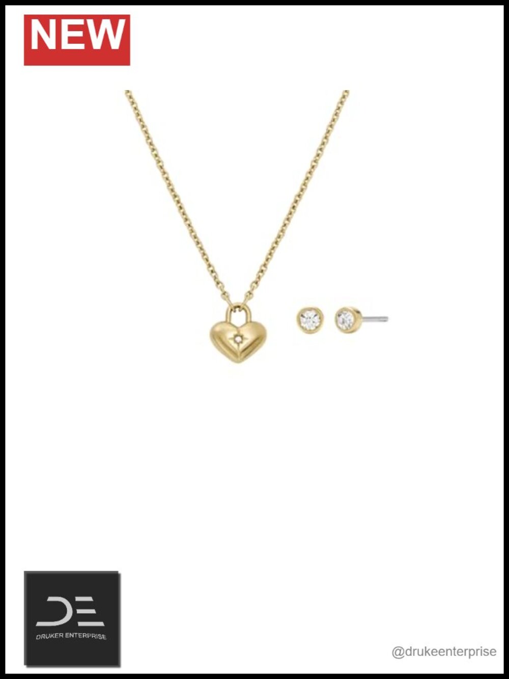 Fossil Women's Gold Heart Locket Necklace & Stud Earrings Set Stainless Steel